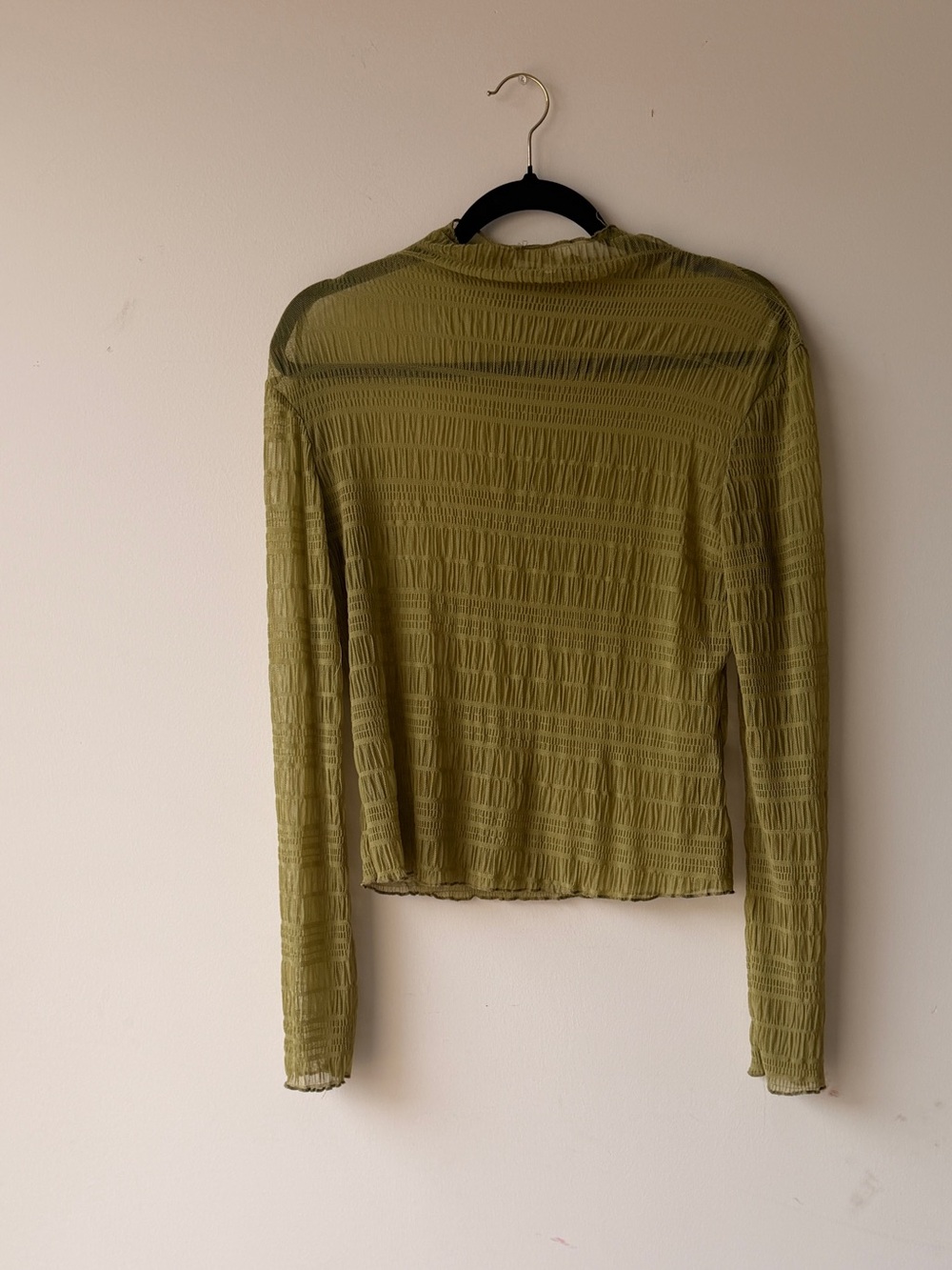 Light Olive Green Long-Sleeve Mesh Textured Top
